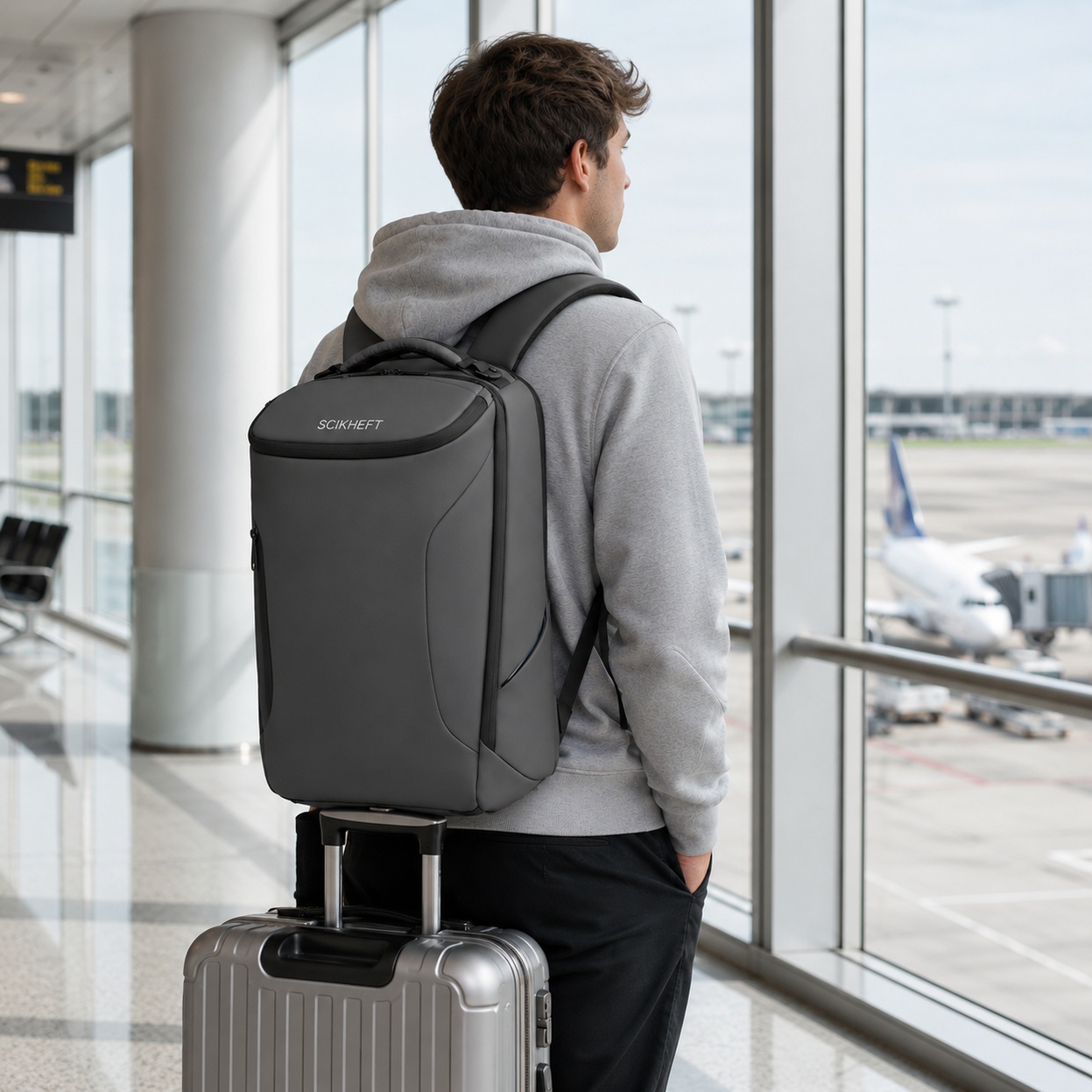 Tech Accessories Travel - 1個入り人間工学に基づいた通勤用バックパック、耐水性PUレザーテックデイパック、チェストバックルとカードポケット付き、49x32x18cmのスタイリッシュな空港旅行バッグ