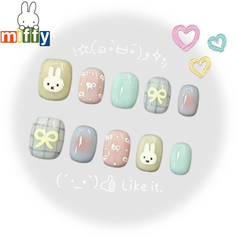 Nail Tech Accessories - ミッフィーバニー | ふわふわマカロンカラーのミッフィー、リボン付き、短い丸い爪、肌を明るく見せる若々しい、スイートガールスタイル