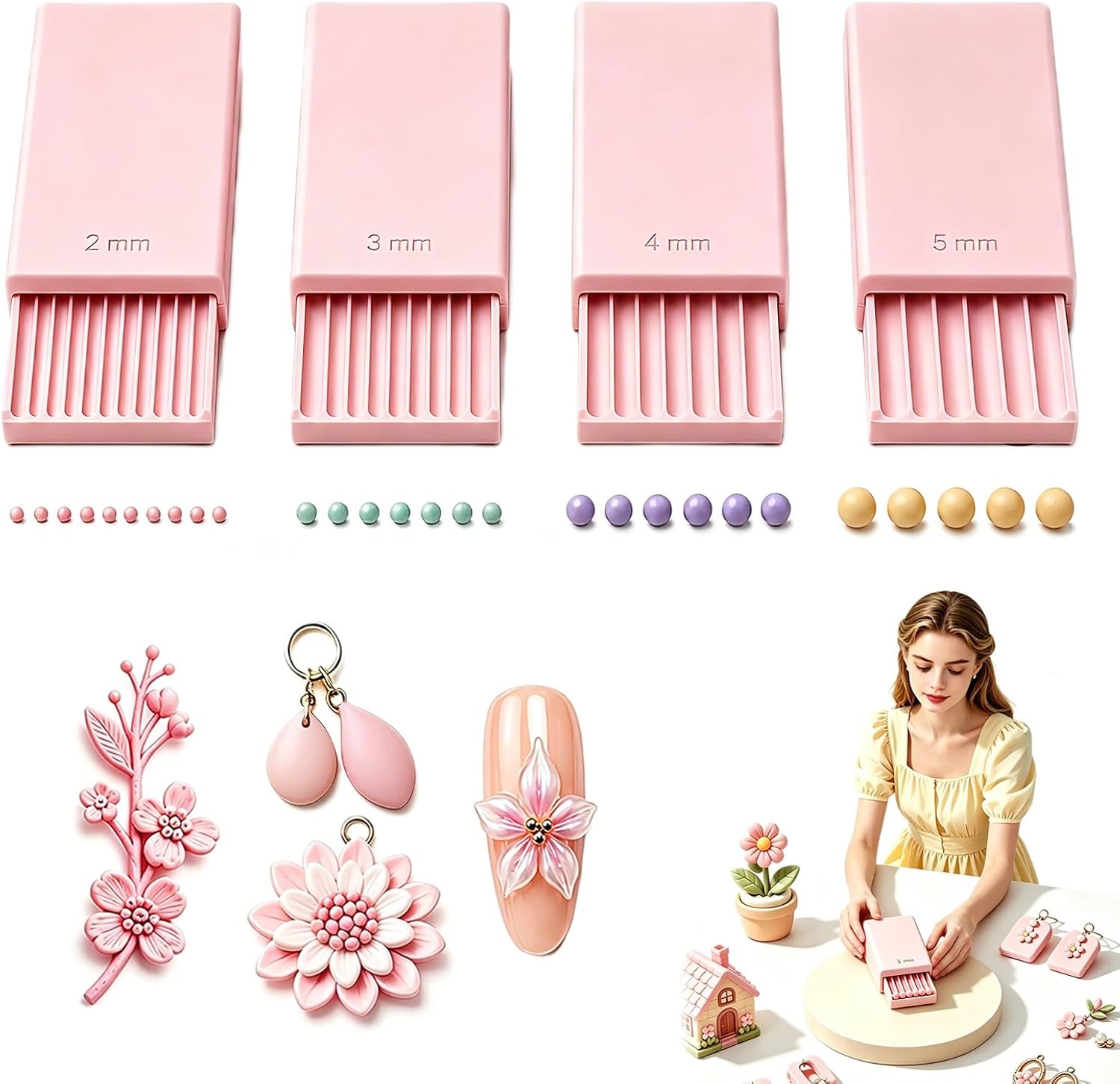 Nail Tech Accessories - 3Dプリントクレイジェルボールメーカーツール、3Dジェルフラワー用ネイルアートビーズローラー | ポリマークレイローラー 2mm 3mm 4mm