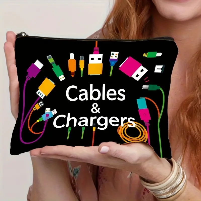 Tech Accessories Travel - ブラックテックアイコンケーブルオーガナイザーバッグ、耐久性のある折りたたみ式トラベルケース（モバイルバッテリー＆ケーブル用）