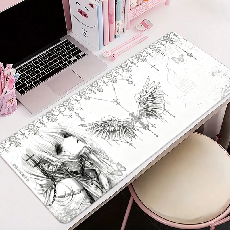 Tech Accessories Desk - レザーマウスパッド黒白アニメ美学エンジェルガールマウスパッドオフィスアクセサリーPCゲームキーボードEスポーツHDデスクマット