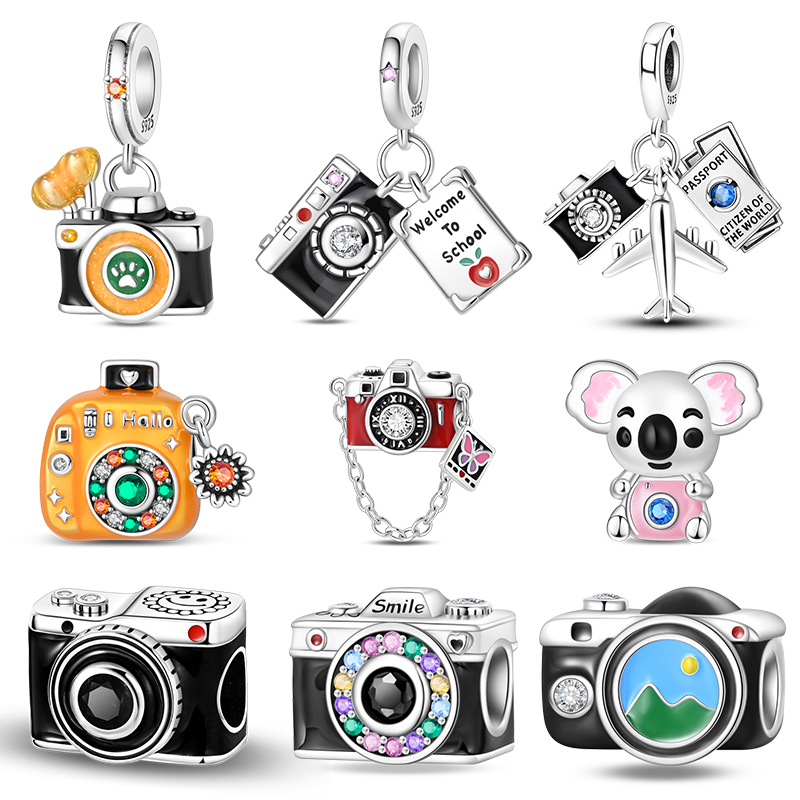 Tech Accessories Travel - 925スターリングシルバー製ヴィンテージカメラチャーム、CZジルコンビーズ、旅行用飛行機パスポートペンダント、DIYチャームブレスレットアクセサリーギフト