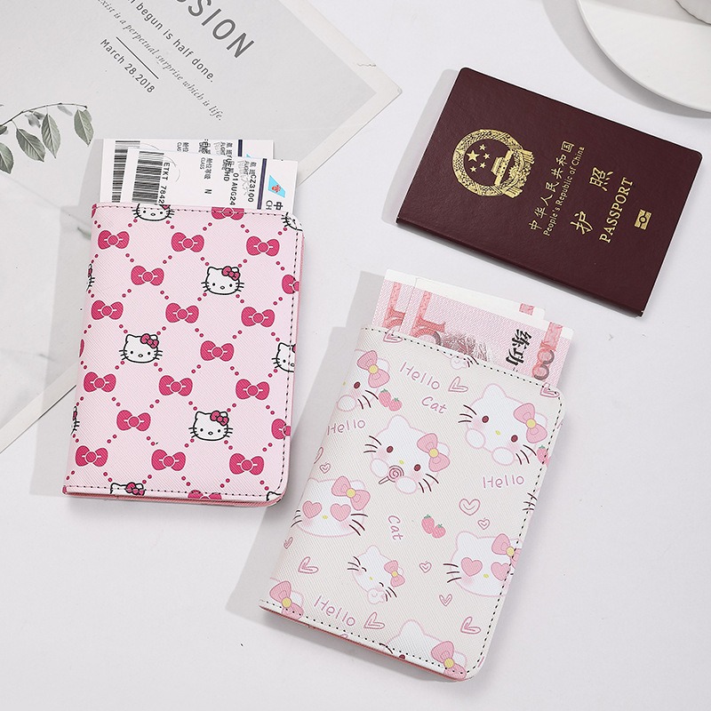 Tech Accessories Travel - ハローキティ 女性用パスポートカバー PUレザー 多機能クレジットカード財布 パスポートホルダー 飛行機チケットオーガナイザーケース
