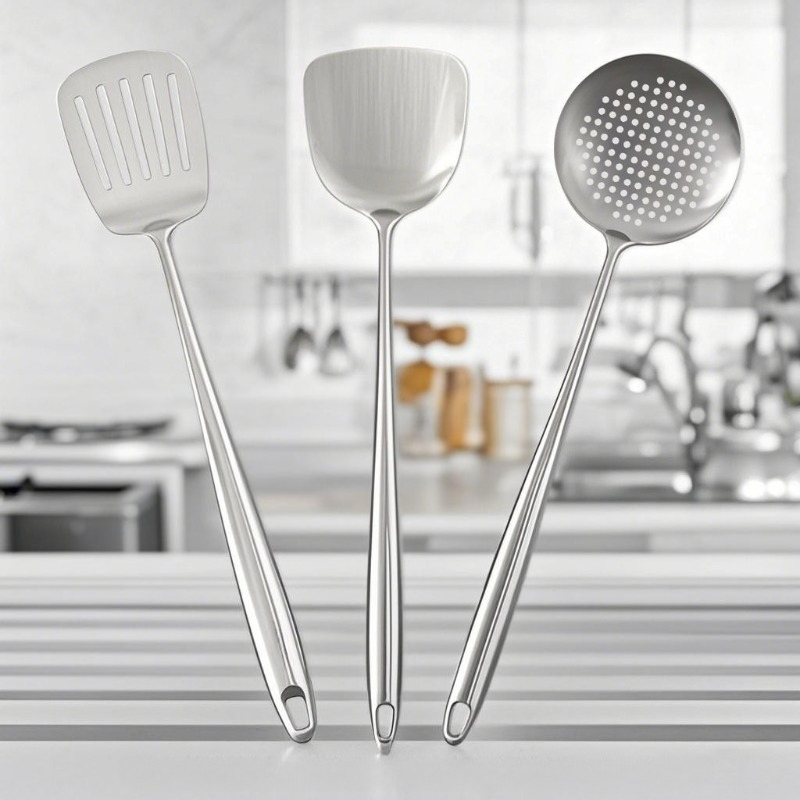 Hi Tech Kitchen Accessories - 食品用ステンレス製中華鍋用スパチュラ、金属製キッチン用品、穴あきターナー、スプーン、レードル、調理器具セット、キッチンアクセサリー